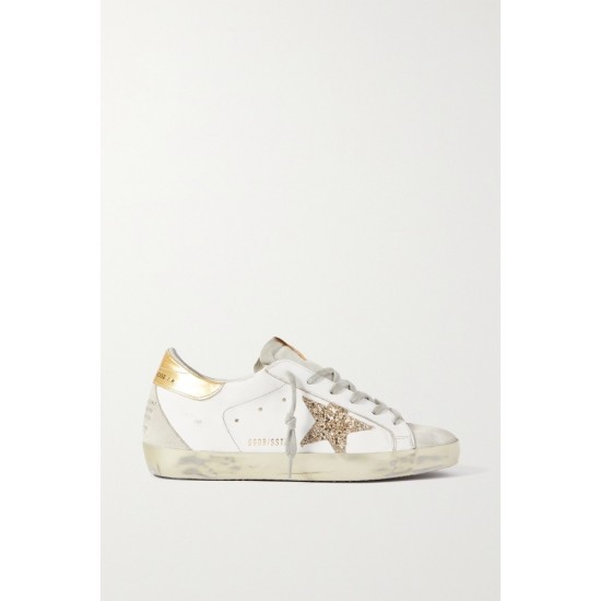 Superstar distressed glittered leather sneakers gold Superstar distressed glittered leather sneakers gold