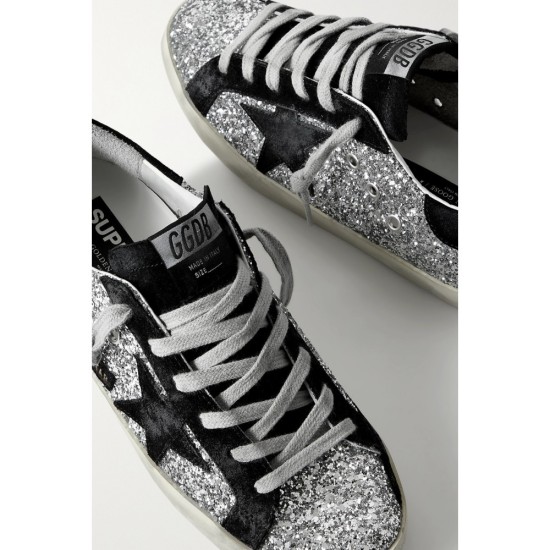 Superstar distressed glittered leather and suede sneakers Superstar distressed glittered leather and suede sneakers