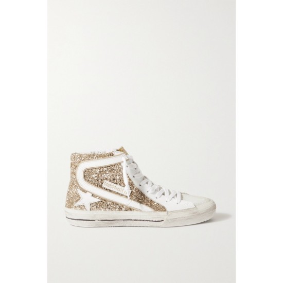 Slide distressed glittered leather high-top sneakers Slide distressed glittered leather high-top sneakers