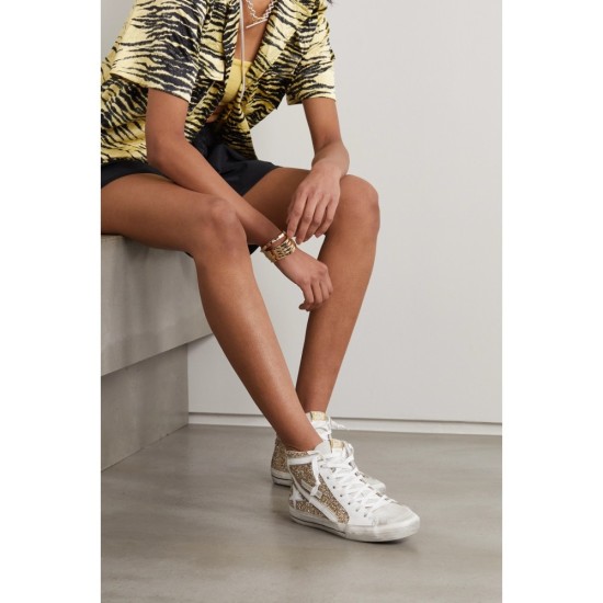 Slide distressed glittered leather high-top sneakers Slide distressed glittered leather high-top sneakers