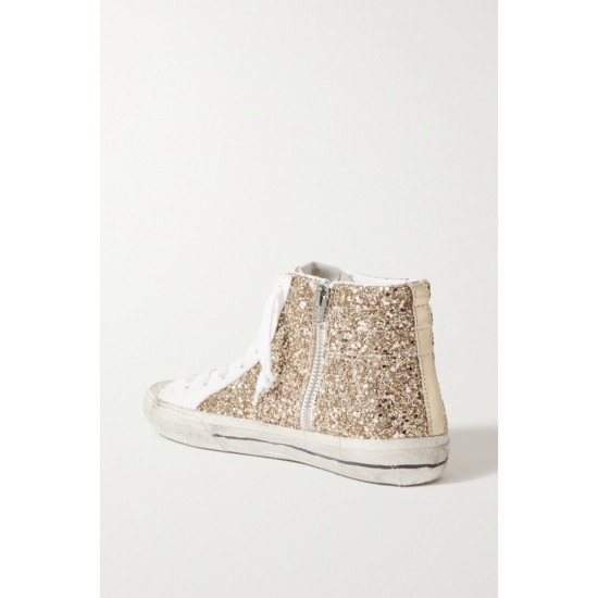 Slide distressed glittered leather high-top sneakers Slide distressed glittered leather high-top sneakers