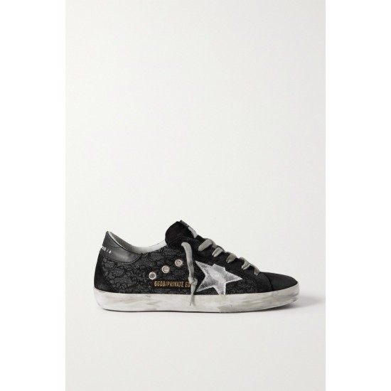 Superstar distressed suede, leather and glittered lace sneakers Superstar distressed suede, leather and glittered lace sneakers