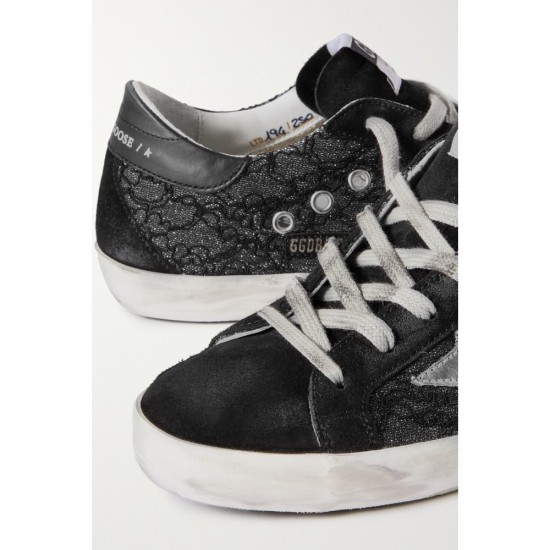 Superstar distressed suede, leather and glittered lace sneakers Superstar distressed suede, leather and glittered lace sneakers