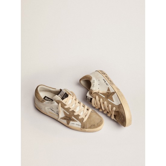 Super-Star sneakers in white leather with dove-gray suede inserts and all-over black lettering Super-Star sneakers in white leather with dove-gray suede inserts and all-over black lettering