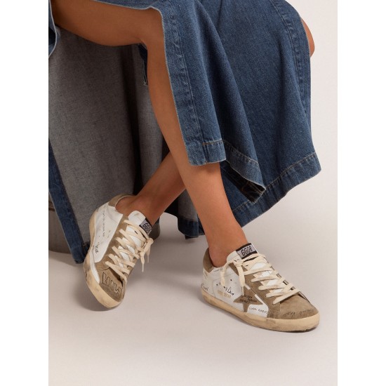 Super-Star sneakers in white leather with dove-gray suede inserts and all-over black lettering Super-Star sneakers in white leather with dove-gray suede inserts and all-over black lettering