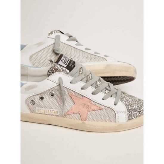 Super-Star LTD sneakers in white leather with mesh insert and silver glitter tongue Super-Star LTD sneakers in white leather with mesh insert and silver glitter tongue