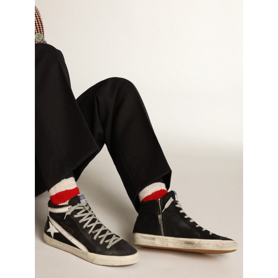 Men's Slide in navy blue denim with star and white flash Men's Slide in navy blue denim with star and white flash