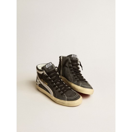 Slide in black suede with silver metallic leather star and flash Slide in black suede with silver metallic leather star and flash