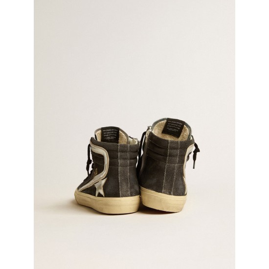 Slide in black suede with silver metallic leather star and flash Slide in black suede with silver metallic leather star and flash
