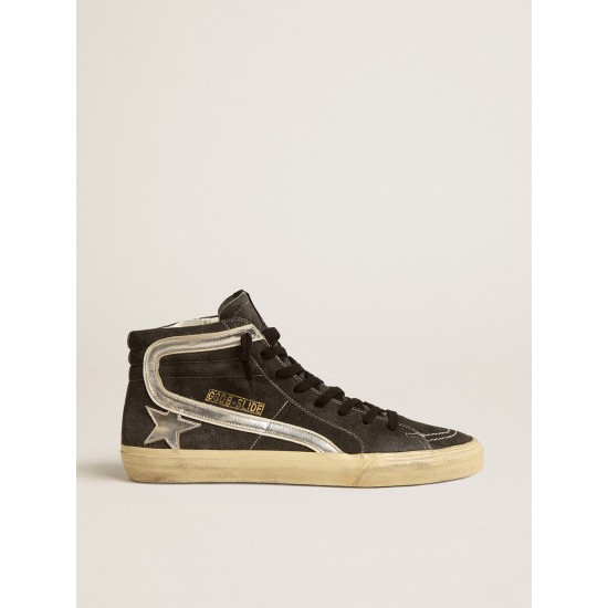 Slide in black suede with silver metallic leather star and flash Slide in black suede with silver metallic leather star and flash