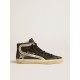 Slide in black suede with silver metallic leather star and flash Slide in black suede with silver metallic leather star and flash