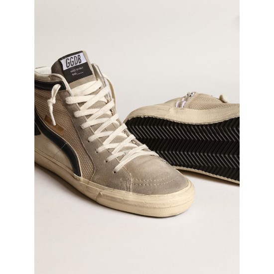 Slide in beige mesh and nylon with blue leather star and flash Slide in beige mesh and nylon with blue leather star and flash