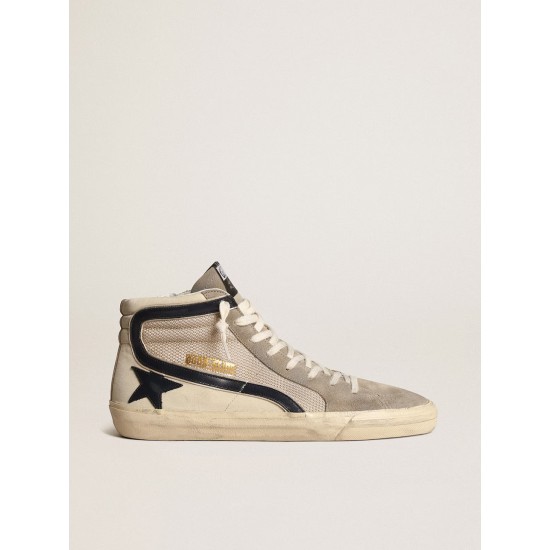 Slide in beige mesh and nylon with blue leather star and flash Slide in beige mesh and nylon with blue leather star and flash