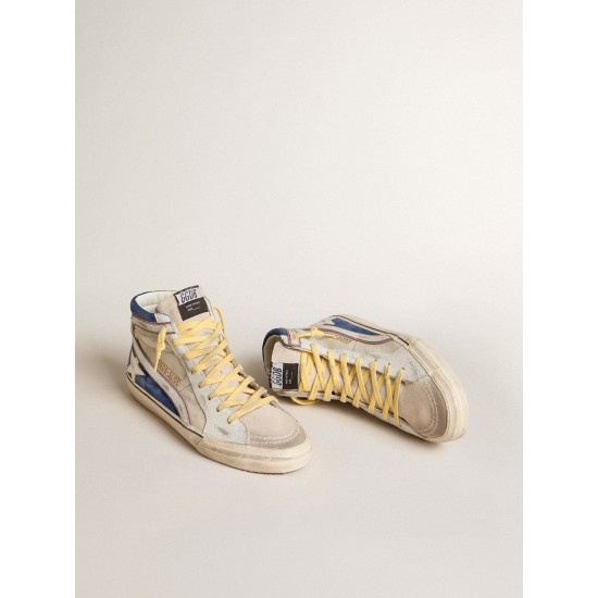 Slide in pearl canvas and blue suede with white leather star and flash Slide in pearl canvas and blue suede with white leather star and flash