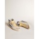 Slide in pearl canvas and blue suede with white leather star and flash Slide in pearl canvas and blue suede with white leather star and flash