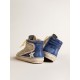 Slide in pearl canvas and blue suede with white leather star and flash Slide in pearl canvas and blue suede with white leather star and flash