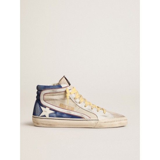 Slide in pearl canvas and blue suede with white leather star and flash Slide in pearl canvas and blue suede with white leather star and flash