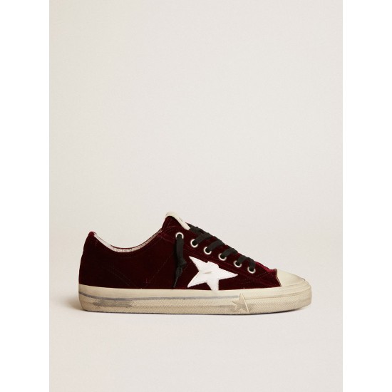Men’s V-Star LTD in burgundy velvet with white leather star Men’s V-Star LTD in burgundy velvet with white leather star