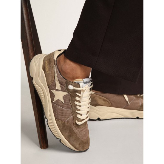 Men's Running Sole in olive green mesh and leather with cream star Men's Running Sole in olive green mesh and leather with cream star
