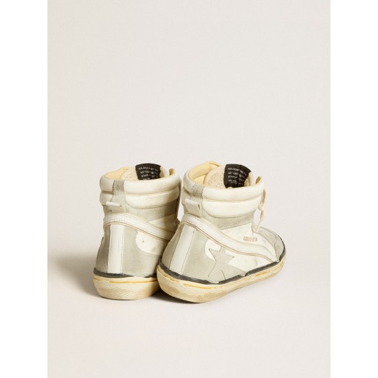 Slide LAB in aged-white nappa leather with gray suede star and white leather flash Slide LAB in aged-white nappa leather with gray suede star and white leather flash