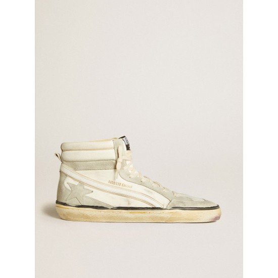 Slide LAB in aged-white nappa leather with gray suede star and white leather flash Slide LAB in aged-white nappa leather with gray suede star and white leather flash