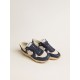 Running Sole in cream mesh and blue leather with a white leather star Running Sole in cream mesh and blue leather with a white leather star