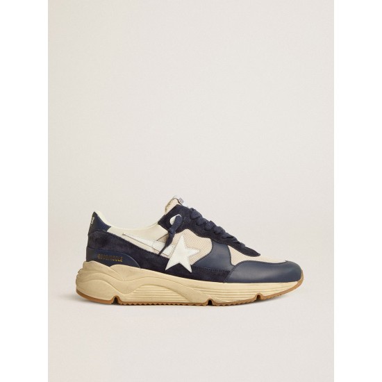 Running Sole in cream mesh and blue leather with a white leather star Running Sole in cream mesh and blue leather with a white leather star