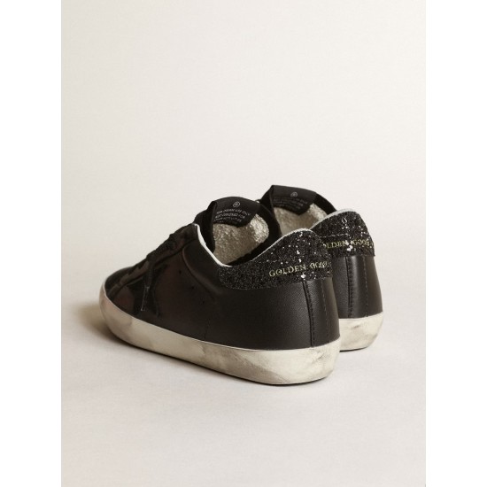 Women's Super-Star in black nappa with black star and glitter heel tab Women's Super-Star in black nappa with black star and glitter heel tab