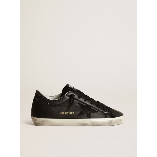 Women's Super-Star in black nappa with black star and glitter heel tab Women's Super-Star in black nappa with black star and glitter heel tab