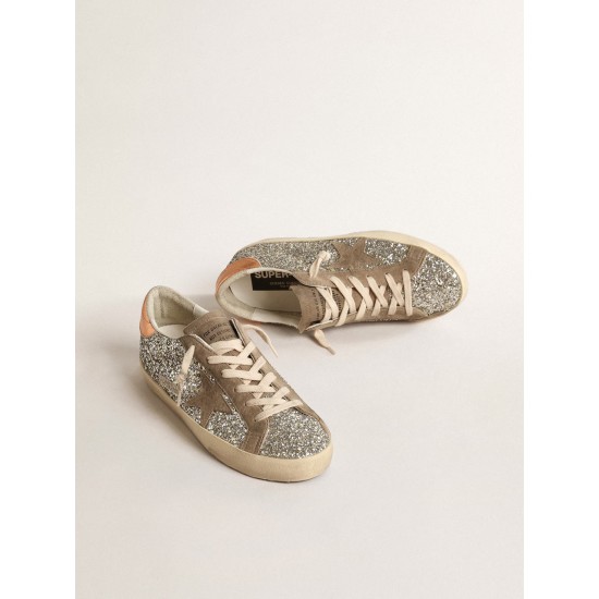 Women's Super-Star in platinum glitter with dove-gray suede star Women's Super-Star in platinum glitter with dove-gray suede star