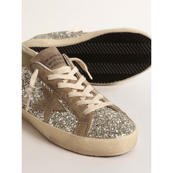 Women's Super-Star in platinum glitter with dove-gray suede star Women's Super-Star in platinum glitter with dove-gray suede star