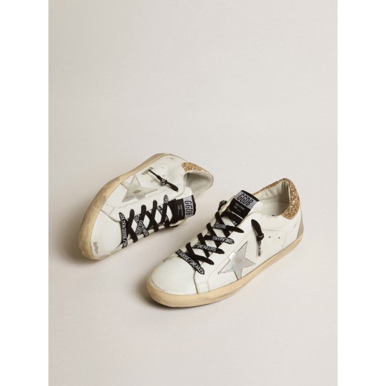 Women's white leather Super-Star sneakers with glittery heel tab Women's white leather Super-Star sneakers with glittery heel tab