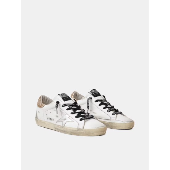 Women's white leather Super-Star sneakers with glittery heel tab Women's white leather Super-Star sneakers with glittery heel tab