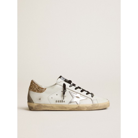 Women's white leather Super-Star sneakers with glittery heel tab Women's white leather Super-Star sneakers with glittery heel tab