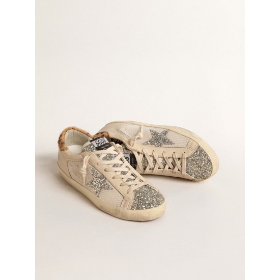 Super-Star in cream mesh with glitter star and leopard heel tab Super-Star in cream mesh with glitter star and leopard heel tab