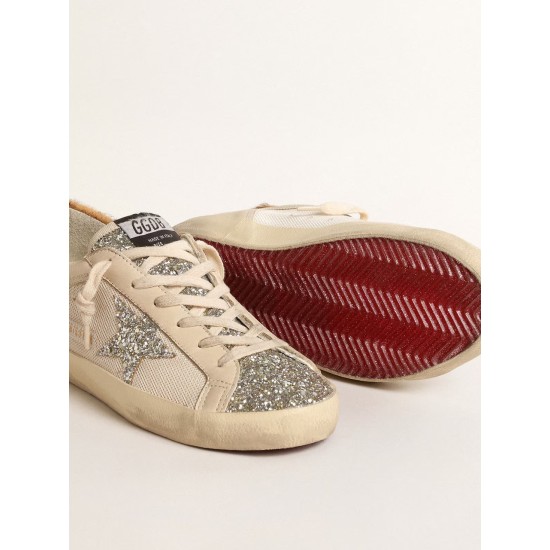 Super-Star in cream mesh with glitter star and leopard heel tab Super-Star in cream mesh with glitter star and leopard heel tab