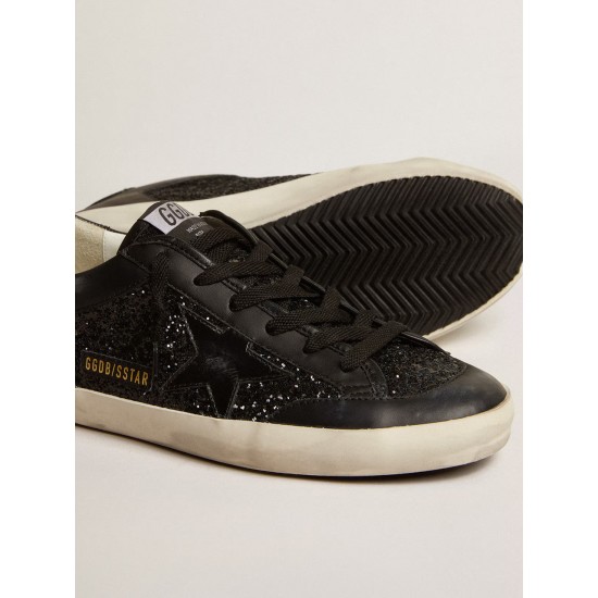 Women's Super-Star in black nappa and glitter with glossy black leather star Women's Super-Star in black nappa and glitter with glossy black leather star