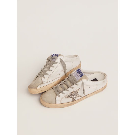 Super-Star Sabots in white leather and gray suede with silver glitter star Super-Star Sabots in white leather and gray suede with silver glitter star