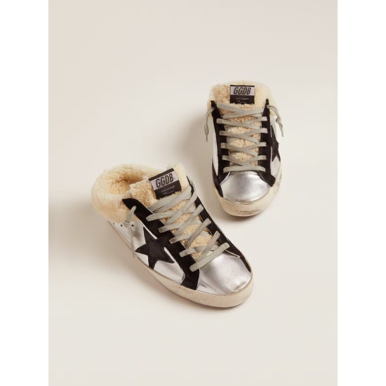 Women's Super-Star Sabot in silver laminated leather with black star Women's Super-Star Sabot in silver laminated leather with black star