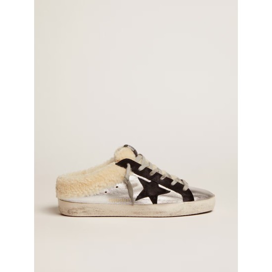Women's Super-Star Sabot in silver laminated leather with black star Women's Super-Star Sabot in silver laminated leather with black star