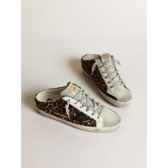 Women's Super-Star Sabot in leopard print pony skin with black star Women's Super-Star Sabot in leopard print pony skin with black star