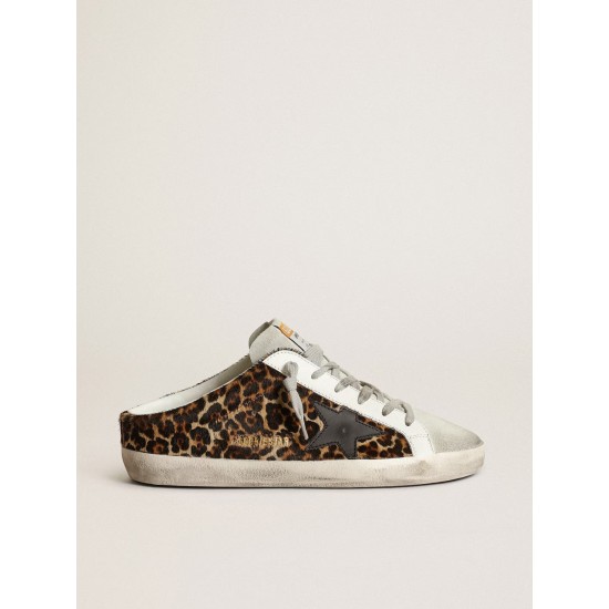 Women's Super-Star Sabot in leopard print pony skin with black star Women's Super-Star Sabot in leopard print pony skin with black star