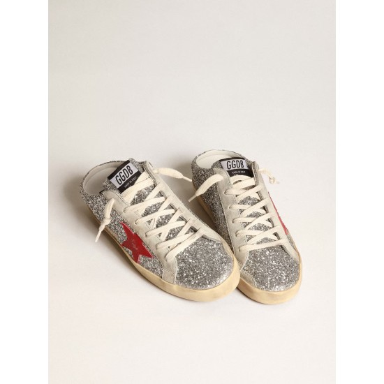 Women's Super-Star Sabot in silver glitter with red leather star Women's Super-Star Sabot in silver glitter with red leather star