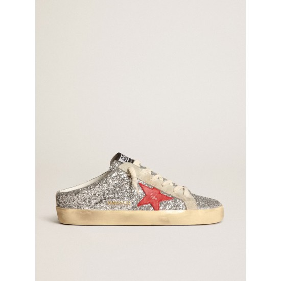 Women's Super-Star Sabot in silver glitter with red leather star Women's Super-Star Sabot in silver glitter with red leather star