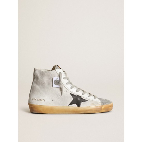 Women’s Francy in white suede with black leather star and silver Swarovski crystal tongue Women’s Francy in white suede with black leather star and silver Swarovski crystal tongue
