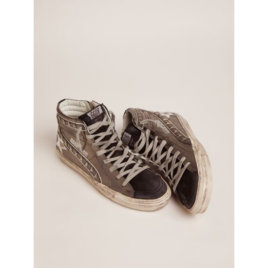 Women's Slide with silver laminated leather upper and studs Women's Slide with silver laminated leather upper and studs