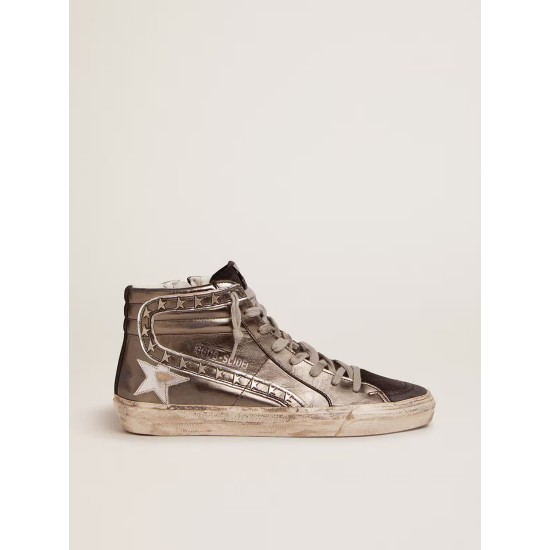 Women's Slide with silver laminated leather upper and studs Women's Slide with silver laminated leather upper and studs