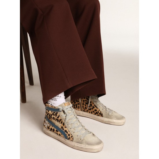 Women's Slide in leopard print pony skin with silver leather star Women's Slide in leopard print pony skin with silver leather star