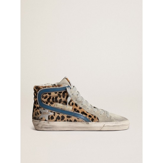 Women's Slide in leopard print pony skin with silver leather star Women's Slide in leopard print pony skin with silver leather star