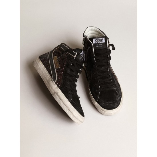 Slide in brown glitter with black leather star and flash Slide in brown glitter with black leather star and flash